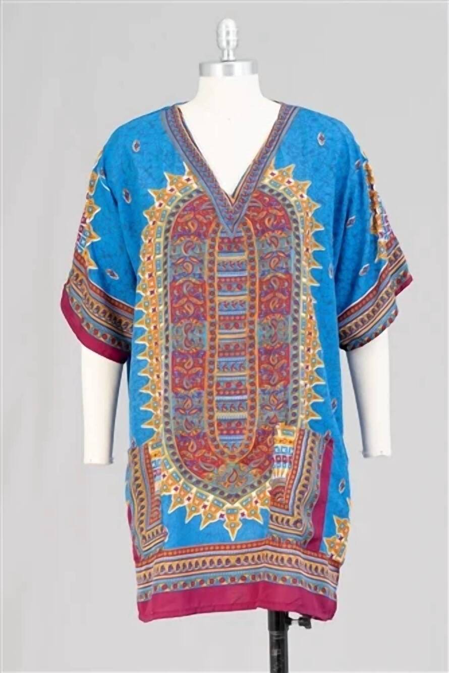 NEW NF women's two-pocket print kaftan tunic in blue multi